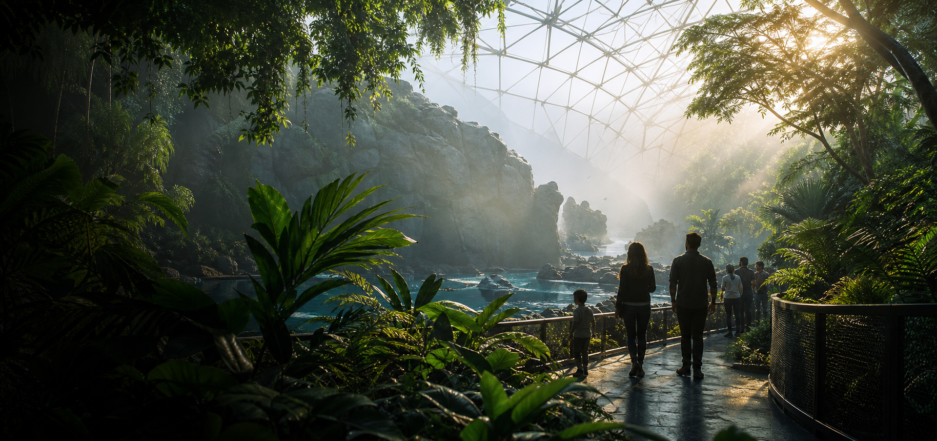 Visitors walking through an immersive indoor nature exhibit with lush plants and glass architecture.