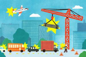 Ville avec du trafic, un/des chantiers de construction et un avion qui la traverse au ciel.