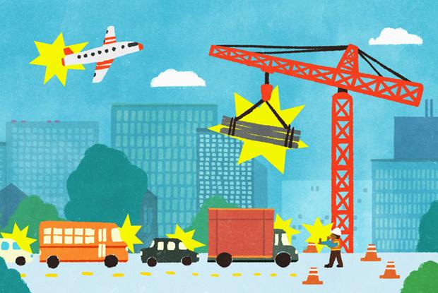 Ville avec du trafic, un/des chantiers de construction et un avion qui la traverse au ciel.